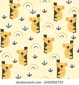 Patrón sin fisuras de Vector con koala.Criaturas de dibujos animados de la selva tropical.Fondo de animales pastel.Lindo patrón natural para tela, ropa para niños, textiles, papel de envoltura.