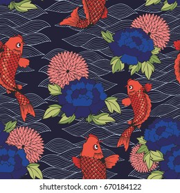 Vector seamless pattern with koi carp and flowers on a dark background. Hand drawing for design and decoration of textiles, wallpapers, clothing, covers, packaging and wrapping paper