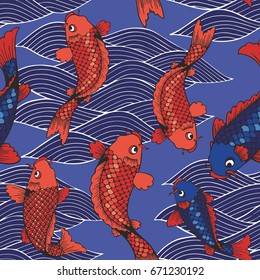 Vector seamless pattern with koi carps and waves on a blue background. Hand drawing. Decorative background for design and decoration of textiles, wallpapers, covers, packaging and much more