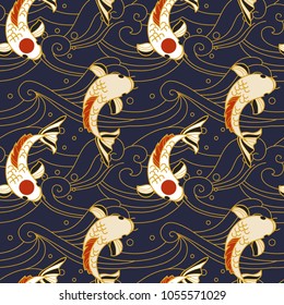 Vector seamless pattern with koi fish and waves in japanese style.