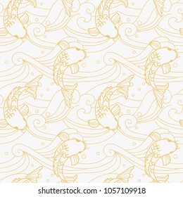 Vector seamless pattern with koi fish and waves in japanese style.