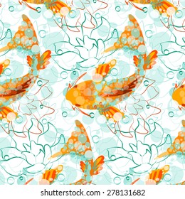 vector seamless pattern with koi fish on it. Japanese goldfish. can be used for background, tattoo, banner, poster, wallpaper, textile etc. made in aquarelle style.