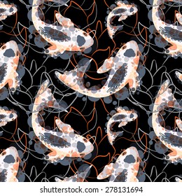 vector seamless pattern with koi fish on it. Japanese goldfish. can be used for background, tattoo, banner, poster, wallpaper, textile etc. made in aquarelle style.