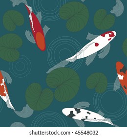 Vector seamless pattern with koi fish and lilies.