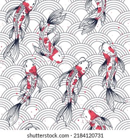 Patrón vectorial sin fisuras con peces koi, carpas japonesas. Rojo, azul, blanco
