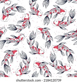Vector seamless pattern with koi fishes, japanese carps. Red, blues, white