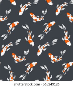 Vector seamless pattern with koi fishes pool top view background. Hand drawn graphic japanese traditional fish pond illustration. Nice wrapping paper or textile repeatable print.