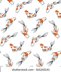 Patrón vectorial sin fisuras con fondo de vista superior de los peces koi. Dibujo a mano gráfico japonés tradicional de estanque de peces. Papel de envolver o papel textil repetible.