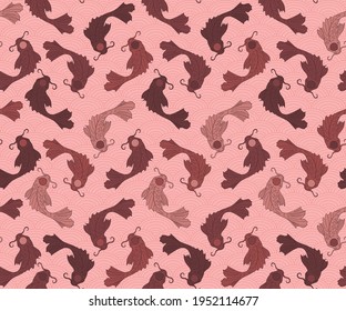 vector seamless pattern of koi yin yang fishes in brown and orange colours, japanese background