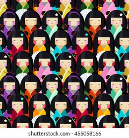 Vector seamless pattern with kokeshi dolls in different traditional japanese clothes. Collection of beautiful and cute women or girls toys