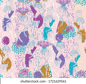 Vector seamless pattern of Korean beautiful girls in Korean dress. The modern design of Korea. Design for fabric, web design, print project, and rapping
