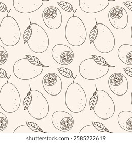 Vector seamless pattern with Kumquat citrus plants. Repeating  background with exotic fruits. Hand drawn rapport with whole and half juicy Fortunella. Food illustration for label, wrapping, textile