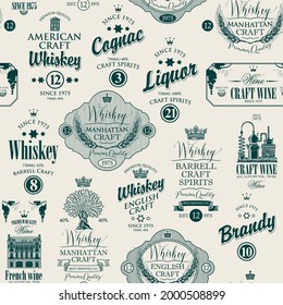 Vector seamless pattern with labels for various alcoholic beverages in retro style. Monochrome repeating background with drawings and inscriptions whiskey, liquor, cognac, wine, brandy, craft wine.