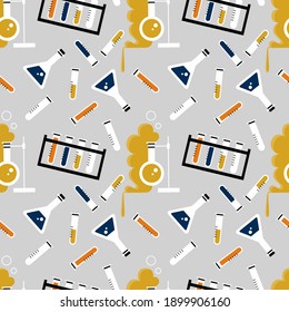 Vector seamless pattern with laboratory equipment. Endless print with flask, test tube, chemical glassware. Illustration of background of science lab items, scientific experiment, laboratory research