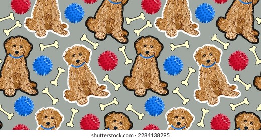 Vector seamless pattern with labradoodles, toys and bones. Cute cartoon concept.