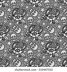 Vector seamless pattern. Lace with a flower ornament, skulls and stars. Retro ornate and pastel goth style. Modern design for textiles and fabrics, wrapping paper and wallpapers of all kinds. 