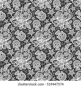 Vector seamless pattern. Lace with a flower ornament, skulls and stars. Retro ornate and pastel goth style. Modern design for textiles and fabrics, wrapping paper and wallpapers of all kinds. 