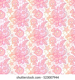 Vector seamless pattern. Lace with a flower ornament, skulls and stars. Retro ornate and pastel goth style. Modern design for textiles and fabrics, wrapping paper and wallpapers of all kinds. 