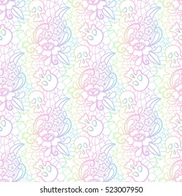 Vector seamless pattern. Lace with a flower ornament, skulls and stars. Retro ornate and pastel goth style. Modern design for textiles and fabrics, wrapping paper and wallpapers of all kinds. 