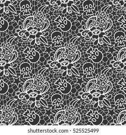 Vector seamless pattern. Lace with a flower ornament, skulls and stars. Retro ornate and pastel goth style. Modern design for textiles and fabrics, wrapping paper and wallpapers of all kinds. 