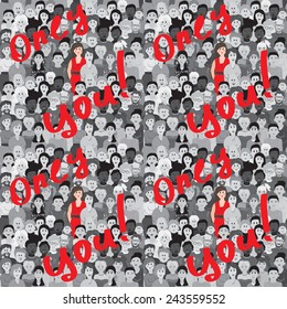Vector seamless pattern lady in red, handwritten inscription on the background of the crowds. Can be used as wrapping paper design for Valentine's Day, wedding anniversary or other romantic events.