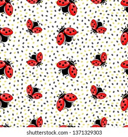 Vector seamless pattern with ladybug on white isolated background. Abstract silhouette of a ladybug with seeds. Beautiful design for wallpapers, fabrics, posters.