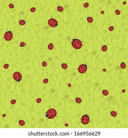 Vector Seamless Pattern with Ladybugs on Ornamental Green Floral Background 