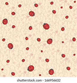 Vector Seamless Pattern with Ladybugs on Ornamental Floral Background 