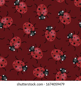 Vector seamless pattern with ladybugs on red background; cute design for fabric, wallpaper, wrapping paper, textile, web design.