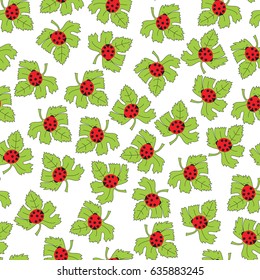 Vector seamless pattern. Ladybugs on a green leaf. Spring lovely print