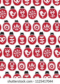 vector seamless pattern with ladybugs in scandinavian folr style