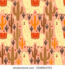 Vector seamless pattern with lama and cacti.