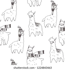 Vector seamless pattern with lamas in hat and scarf isolated on white. Hand drawn texture with cute animal characters in sketch style. Doodle illustration of South American symbol