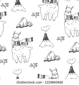 Vector seamless pattern with lamas and mountains isolated on white. Hand drawn doodle texture with cute animals in sketch style. Peru symbols