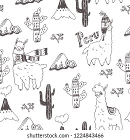 Vector seamless pattern with lamas, mountains and plants isolated on white. Hand drawn texture with cute animal characters. Sketch of South American symbols