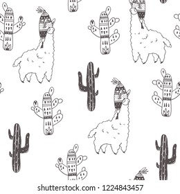 Vector seamless pattern with lamas and plants isolated on white. Hand drawn doodle texture with cute animals in sketch style. Peru symbols