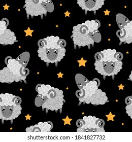 Vector seamless pattern with lambs and stars on black background. Hand-draw illustration for kids room interior,  textile, wrapping paper, background flat design.