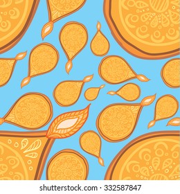 Vector seamless pattern with lamps and ornaments on blue background. Duwali yellow bright lamps. Lamps with fire and orange ornaments.