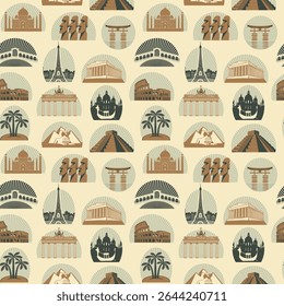 Vector seamless pattern with landmarks of different countries. Repeating background with travel theme. Wallpaper, wrapping paper, fabric, textile, t-shirt design, tile. Travel postcard. Not used aI