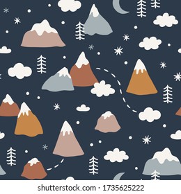 Vector seamless pattern with landscape scene. Repeated texture with mountains, clouds, trails and pine trees. Simple hand drawing template for kids fabrics and wallpapers. Scandinavian style.