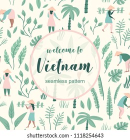 Vector seamless pattern with landscape and Vietnamese people. Travel to Vietnam.