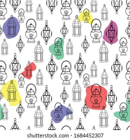 Vector seamless pattern with lanterns and colored spots for fabric print, wallpapers, and backdrops. Great for curtains, dress and other clothes, bags, pillows,  wrapping paper and decoration.