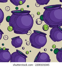 Vector Seamless Pattern With Large Boiling Witch Cauldrons, Many Potion Vials. Halloween Night. Bright Outline Illustration. Decorative Element For Festive Packaging Design, Advertising Banner Layout.