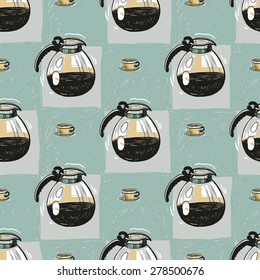 Vector seamless pattern with large coffee pot and small cup on checkered tablecloth.