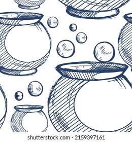 Vector seamless pattern with large witch cauldrons and small bubbles. Decorative outline elements with rough shading for Halloween celebration. Cooking potion. Mystical attribute. Hand drawn sketch.