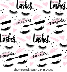 Vector seamless pattern with lashes and mascara. Closed eyes background. Repeat fashion design for girls, woman, social media, decorative cards, beauty blogs. Stylish vector makeup drawing.