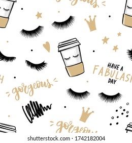 Vector seamless pattern with lashes and mascara, brush stroke, coffee cup. Closed eyes background. Repeat fashion illustration for girls, woman, fabric, t-shirt print., wrapping. Makeup design.