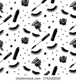 Vector seamless pattern with lashes and mascara, brush stroke. Closed eyes background. Repeat fashion illustration for girls, woman, fabric, t-shirt print., wrapping. Makeup design.