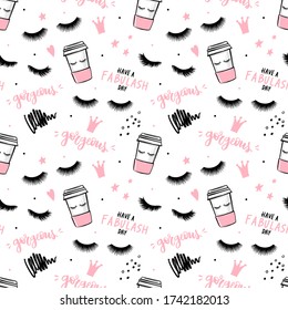 Vector seamless pattern with lashes and mascara, brush stroke, coffee cup. Closed eyes background. Repeat fashion illustration for girls, woman, fabric, t-shirt print., wrapping. Makeup design.