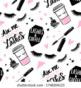 Vector seamless pattern with lashes and mascara, brush stroke, coffee cup. Closed eyes background. Repeat fashion illustration for girls, woman, fabric, t-shirt print, wrapping. Makeup design.